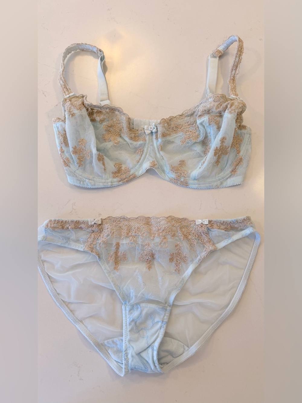 Felina Light Blue Sheer Lace Bra & Panties Set with Gold /Tan Embroidery